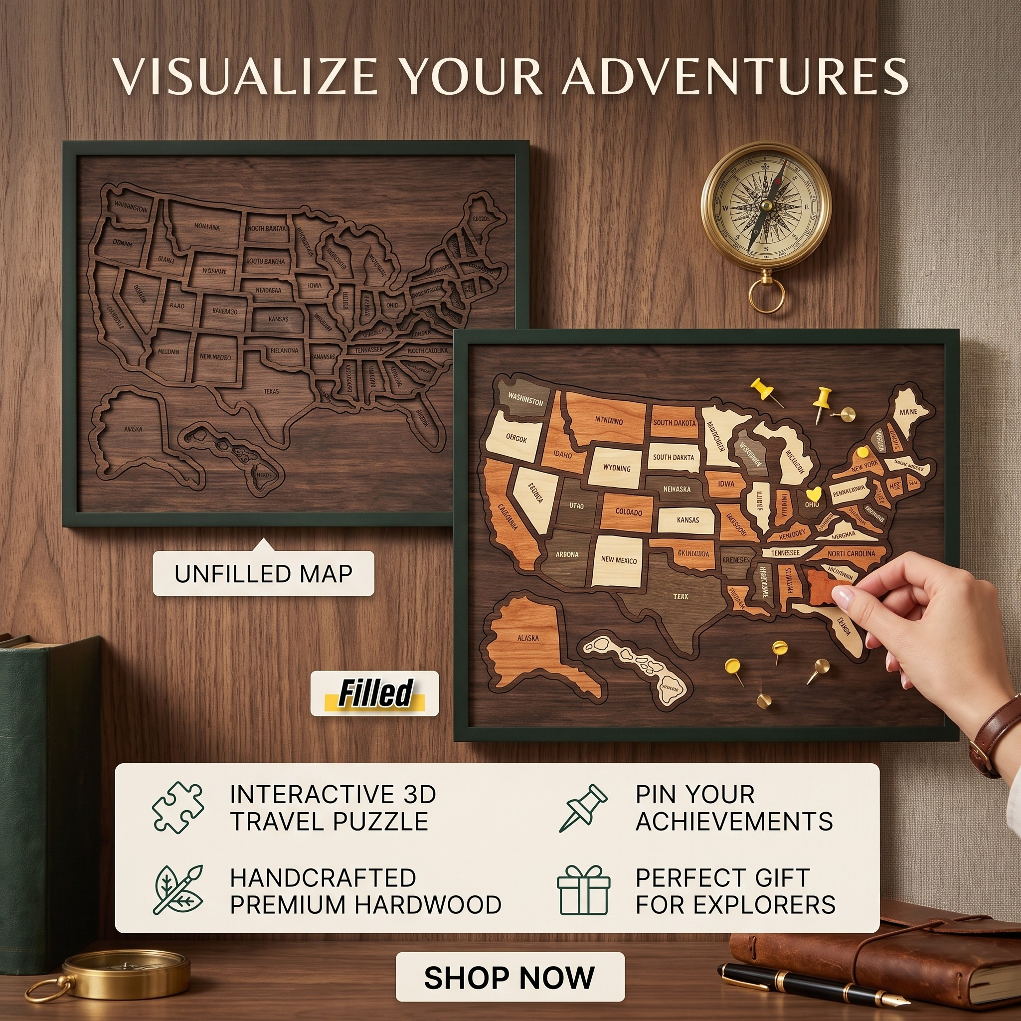 ❤️Wooden USA Travel Map Puzzle🧩A Stylish Way to Track Your Journey & Memories