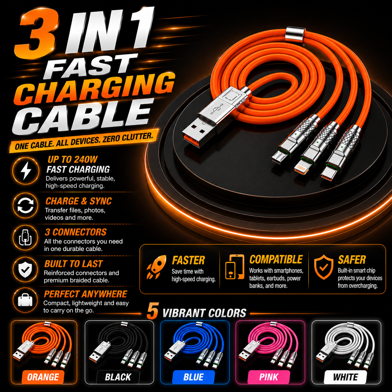 One Cable for All Your Devices🔌3-in-1 Fast Charging Cable