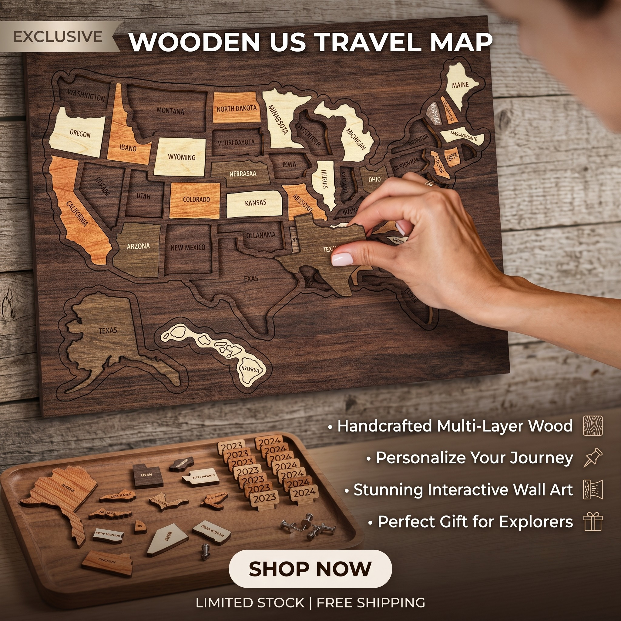 ❤️Wooden USA Travel Map Puzzle🧩A Stylish Way to Track Your Journey & Memories