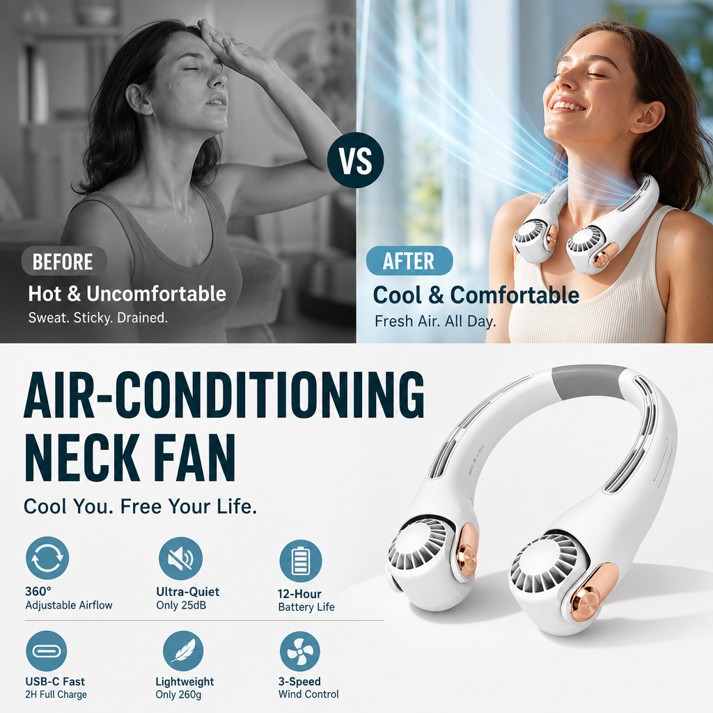 🍃 Neck Air Conditioner Fan – Ultra‑quiet, 360° rotating, 3 speeds. Hands‑free cooling, long battery. Summer essential!