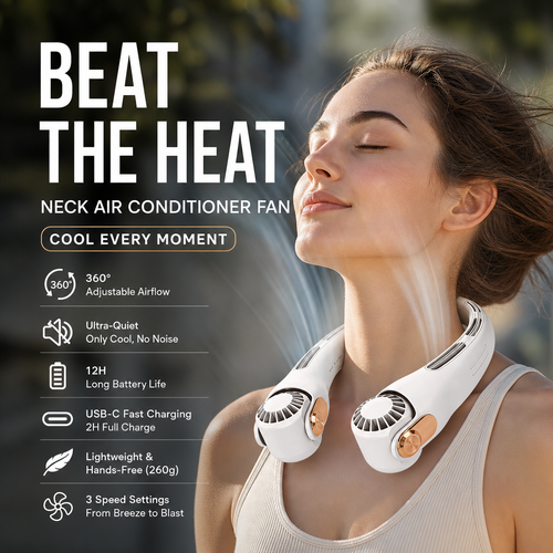 🍃 Neck Air Conditioner Fan – Ultra‑quiet, 360° rotating, 3 speeds. Hands‑free cooling, long battery. Summer essential!